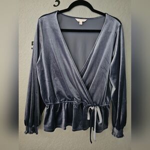 Lauren Conrad Blue Faux Velvet Wrap Top Long Sleeve XL Holiday Peplum Blouse